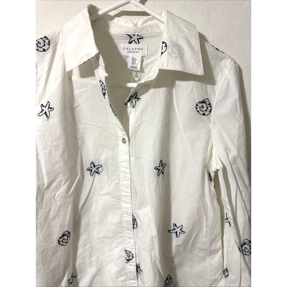 Calypso White with Blue Embroidered Seashells Button Down Blouse Size Small NWT - Picture 3 of 5